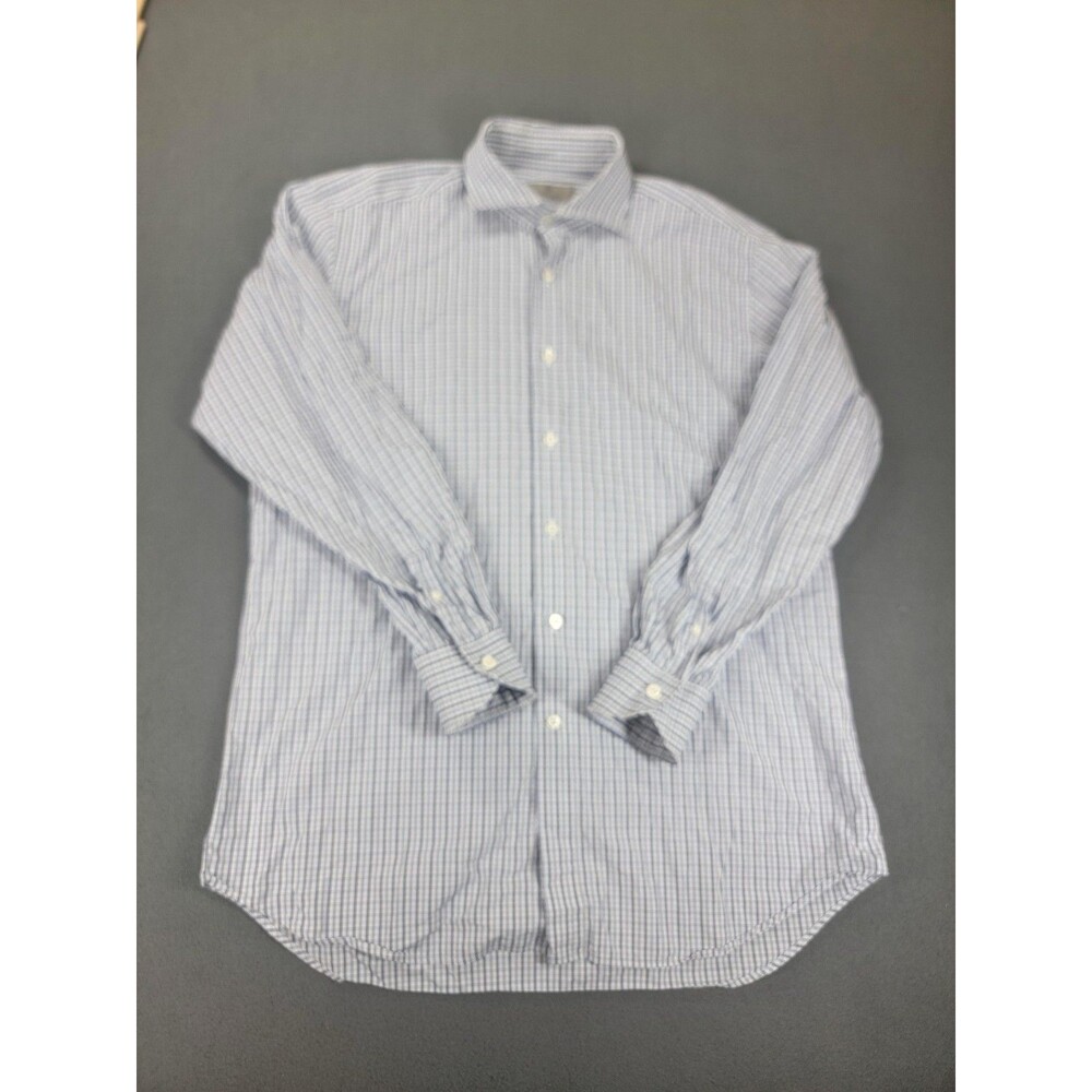 Canali Shirt Mens 16.5 XXL Blue White Plaid Button Down Made Italy Dress Luxury